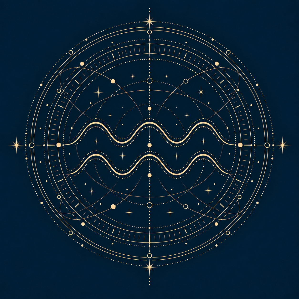 Goldene Wassermann-Grafik mit konzentrischen Ringen, Punktkreisen, Achsen mit Sternen und zwei Wellen auf nachtblauem Grund